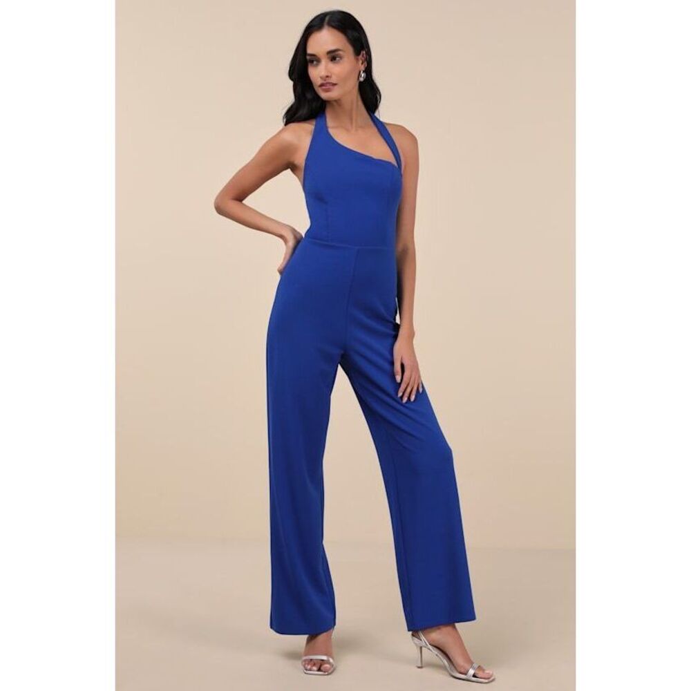 Lulus Flirty Outing Royal Blue Asymmetrical Halter Jumpsuit - Size M